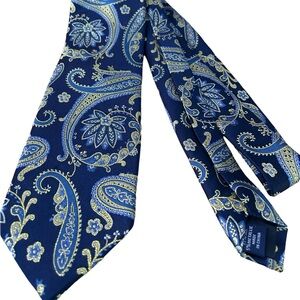 PAUL FREDRICK DARKBLUE GOLDENROD PAISLEY DECO SILK NECKTIE TIE, 3.5” wide